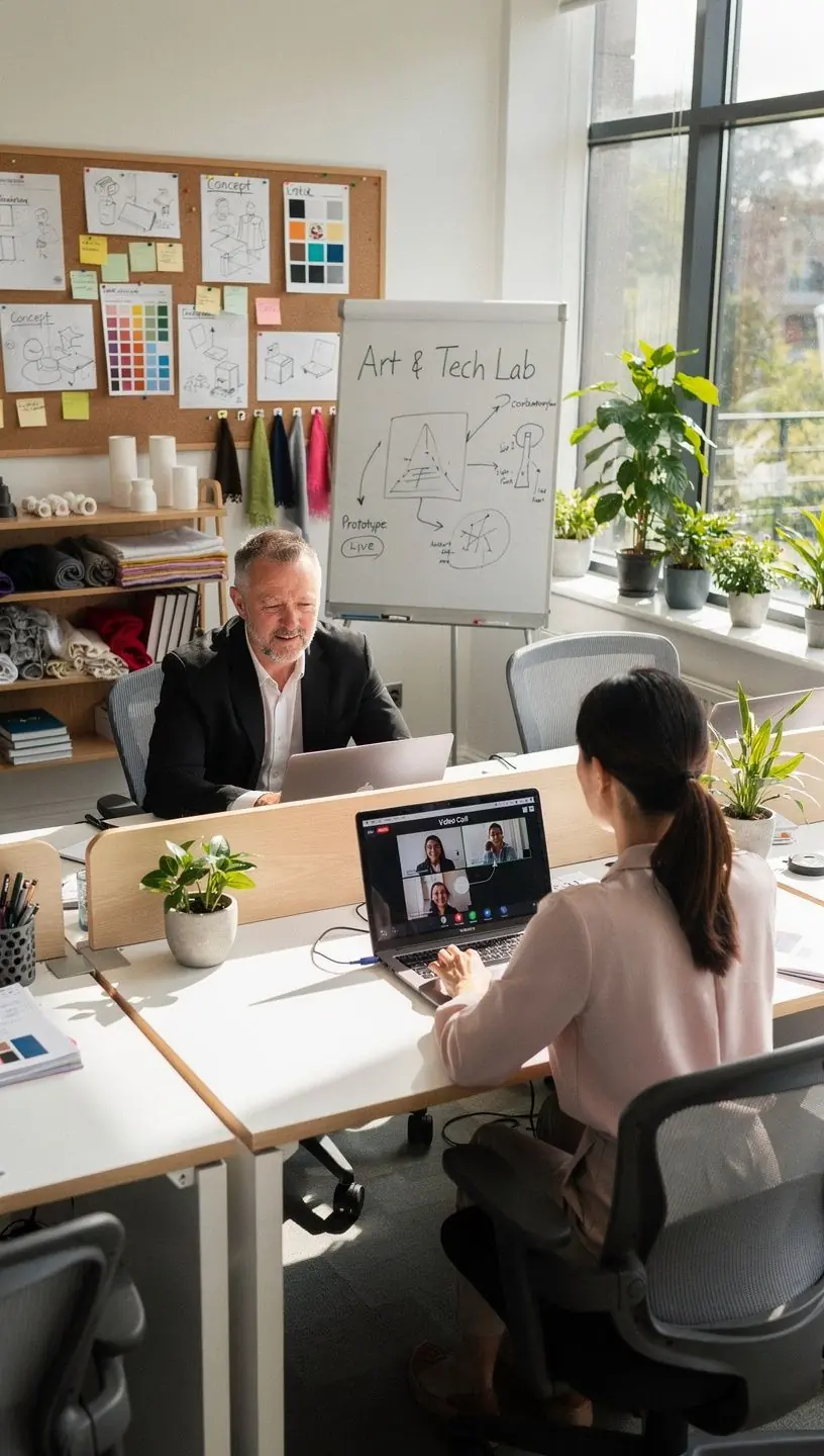 Stylish meeting area with movable partitions and adaptable furniture to maximize space efficiency.