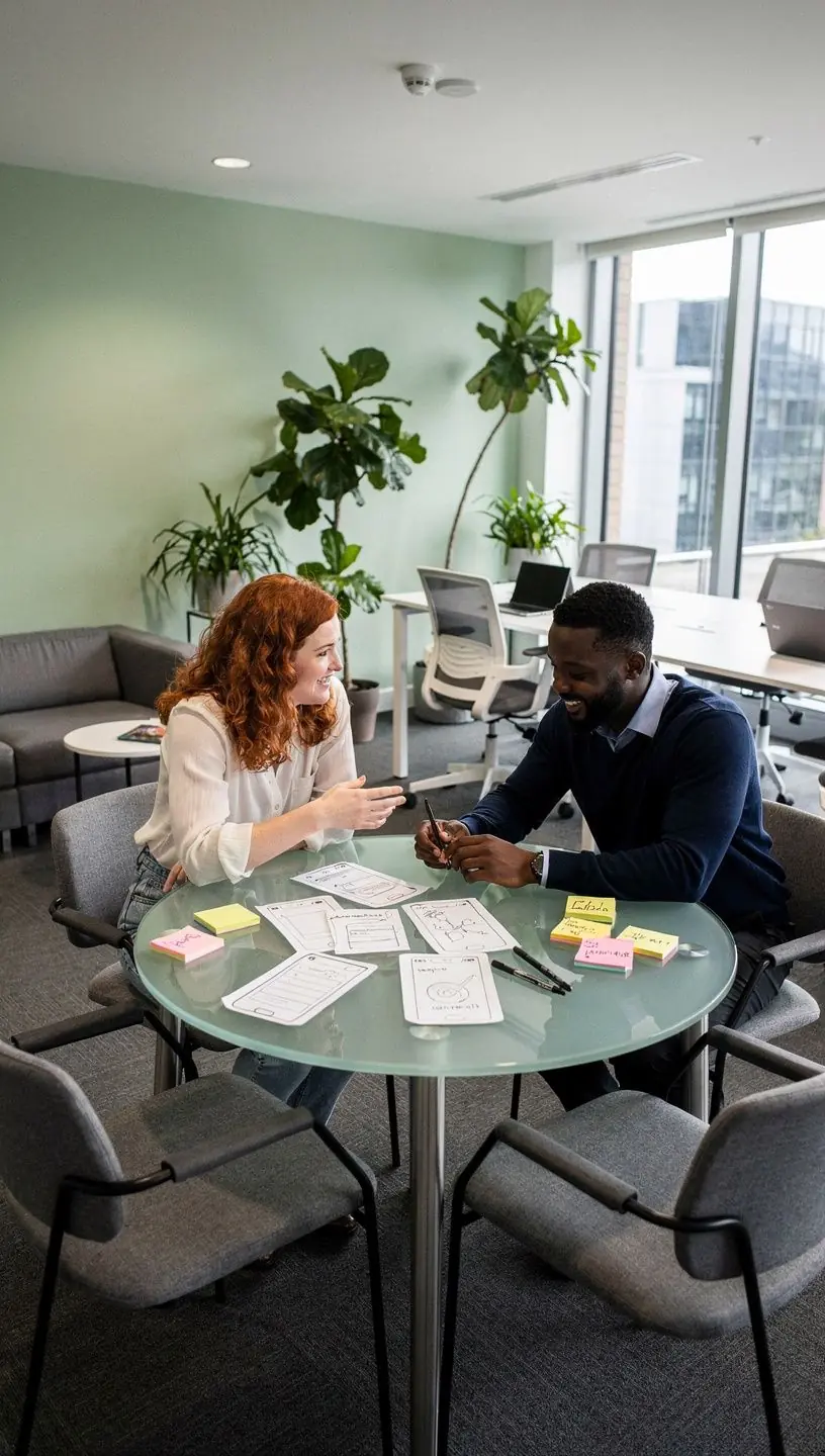 Inviting reception area designed with modular seating and creative decor to enhance visitor experience.